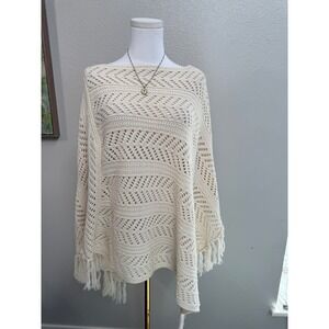 Boho crochet poncho fringe cream knit